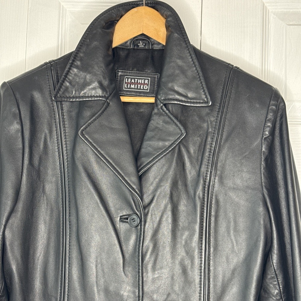 Genuine Leather Limited Women's Black Size Large, Long, Trenchcoat Jacket EUC - Picture 3 of 12